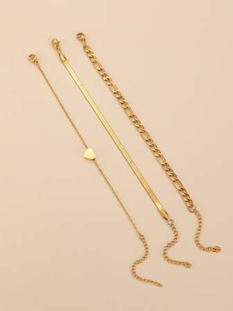 3件套不锈钢女士手链套装，适合各种手腕尺寸，多层链条心形装饰手链，复古风格，金色，适合日常、约会、派对等各种场合，四季皆宜的配饰