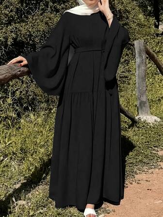 Ramadan Tie Waist Pleated Dress, Elegant Long Sleeve Solid Maxi Dress, Women