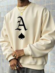 Men's Casual Versatile Poker Element Printed Beige Crew Neck Sweatshirt