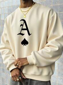 Men's Casual Versatile Poker Element Printed Beige Crew Neck Sweatshirt