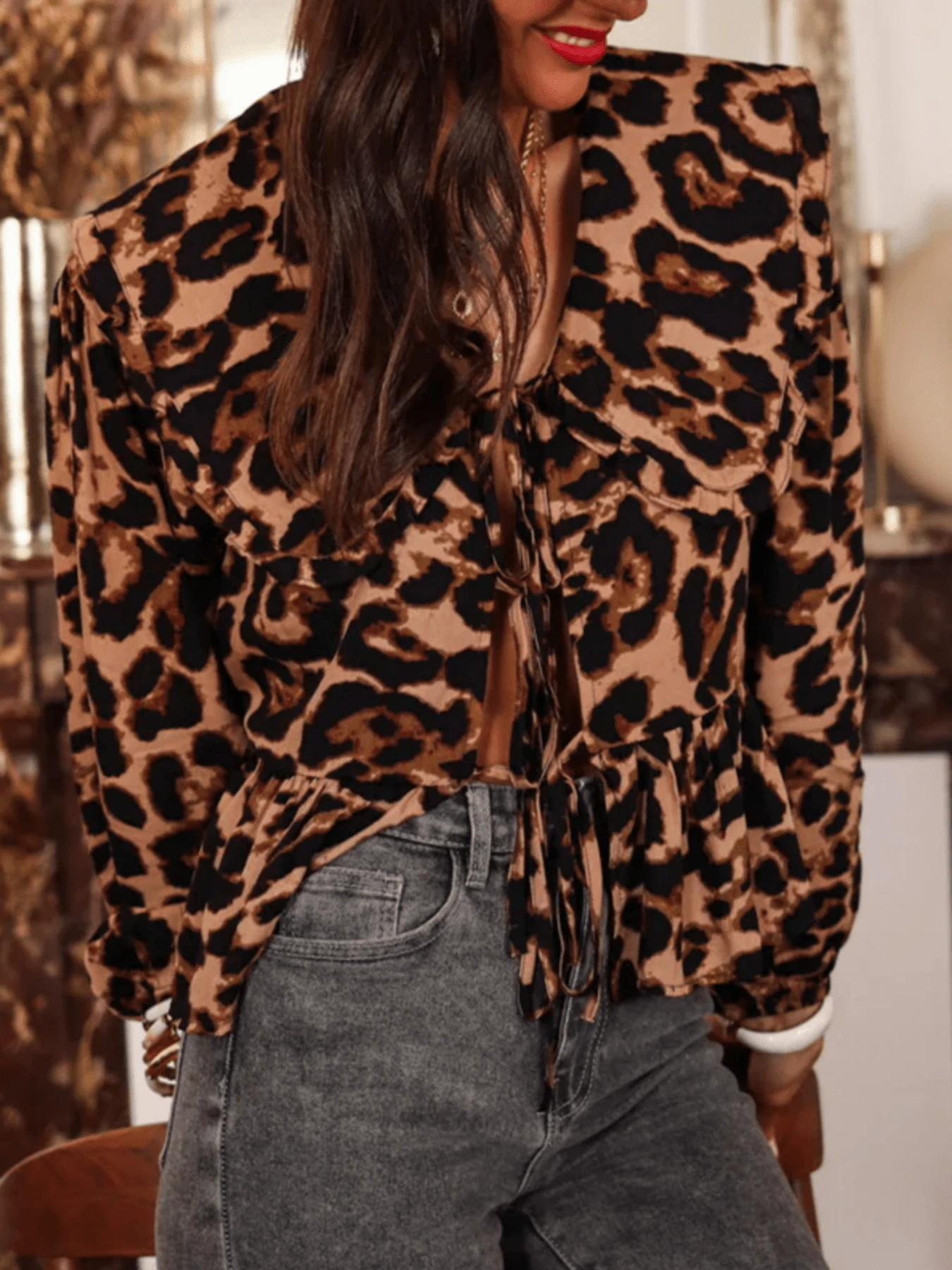 Blusa casual de mujer de talla grande con estampado de leopardo, blusas elegantes con estampado de leopardo para mujeres - Multicolor - Ver 1