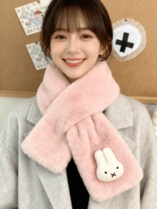 Miffy Soft Pink Scarf, Autumn Winter Warm Accessory with 3D Bunny Head Charm, Cute Y2K Animal Print Scarf for Women, Daily Style Essential & Perfect Birthday/Valentine’s Day/Christmas Gift, Ideal Present for Sanrio Fans/Bofriend/Girlend - 粉色 - 查看 6