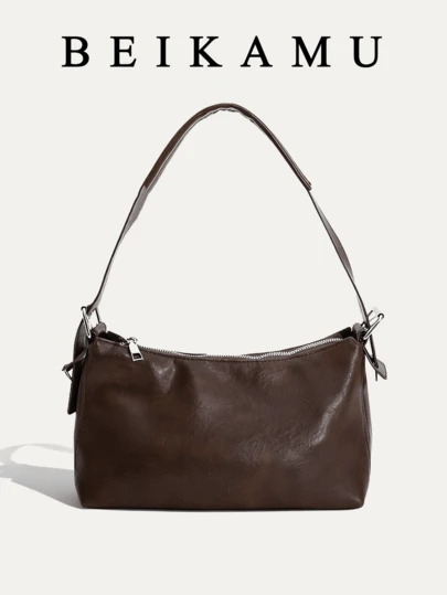 BEIKAMU Enfärgad Retro PU-läder Axelväska för Dam, Dragkedja Armhålsväska, Lämplig för Universitet, Pendling, Shopping, Promenader, Daglig Användning