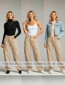 Women's Cargo Jeans, Wide Leg, High Waist, Casual, Beige - Màu be - Xem 10
