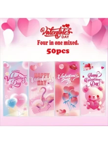 50个情人节红色爱心嘴唇透明糖果袋，配粉色丝带系带，耐用塑料糖果包装，平顶带金属丝封口，适合婚礼和派对礼物 - 彩色 - 查看 1