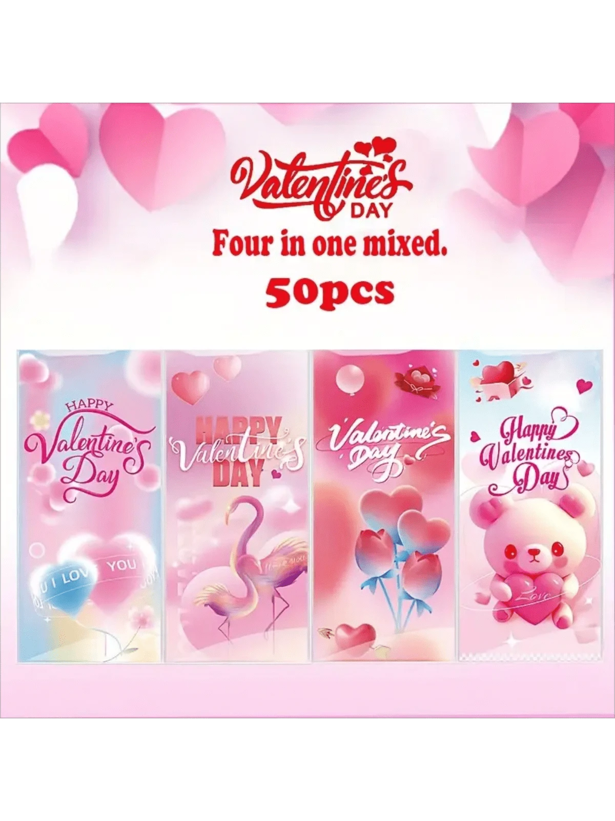 50个情人节红色爱心嘴唇透明糖果袋，配粉色丝带系带，耐用塑料糖果包装，平顶带金属丝封口，适合婚礼和派对礼物 - 彩色 - 查看 1
