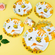 25件套向日葵蜂蜜图案一次性餐盘、餐巾纸和纸杯套装，适合25位客人使用，一次性纸盘，适用于生日、婚礼、派对、家庭野餐等场合。 - 彩色 - 查看 4