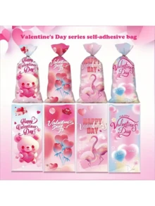 50个情人节红色爱心嘴唇透明糖果袋，配粉色丝带系带，耐用塑料糖果包装，平顶带金属丝封口，适合婚礼和派对礼物 - 彩色 - 查看 2