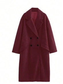 Women's Long Sleeve Solid Color Pocket Trench Coat, Double-Breasted Coat, Country Style For Women, Fall Winter For Women, Halloween Costumes, Christmas Women's , Saudi National Day, Going Out - Burgundy - View 11