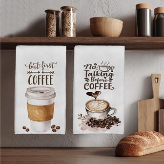 2pcs Kitchen Towels, Brown Plaid Coffee Cup Print Super Absorbent Microfiber Kitchen Towels, Dish Cloths, Perfect Housewarming And Family Gathering Gift, Plaid Coffee Cup Design