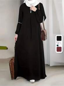 Festival Neck Balloon Sleeve Robe Dress, Elegant Long Dress, Women's Wear - Black - View 2