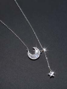 S925 Sterling Silver Synthetic Zirconia Star & Moon Mythology Design Star Tassel Necklace, Suitable For Women's Daily Wear And Gatherings, Elegant Necklace For Gifts On Holidays And Anniversaries - Silver - View 4