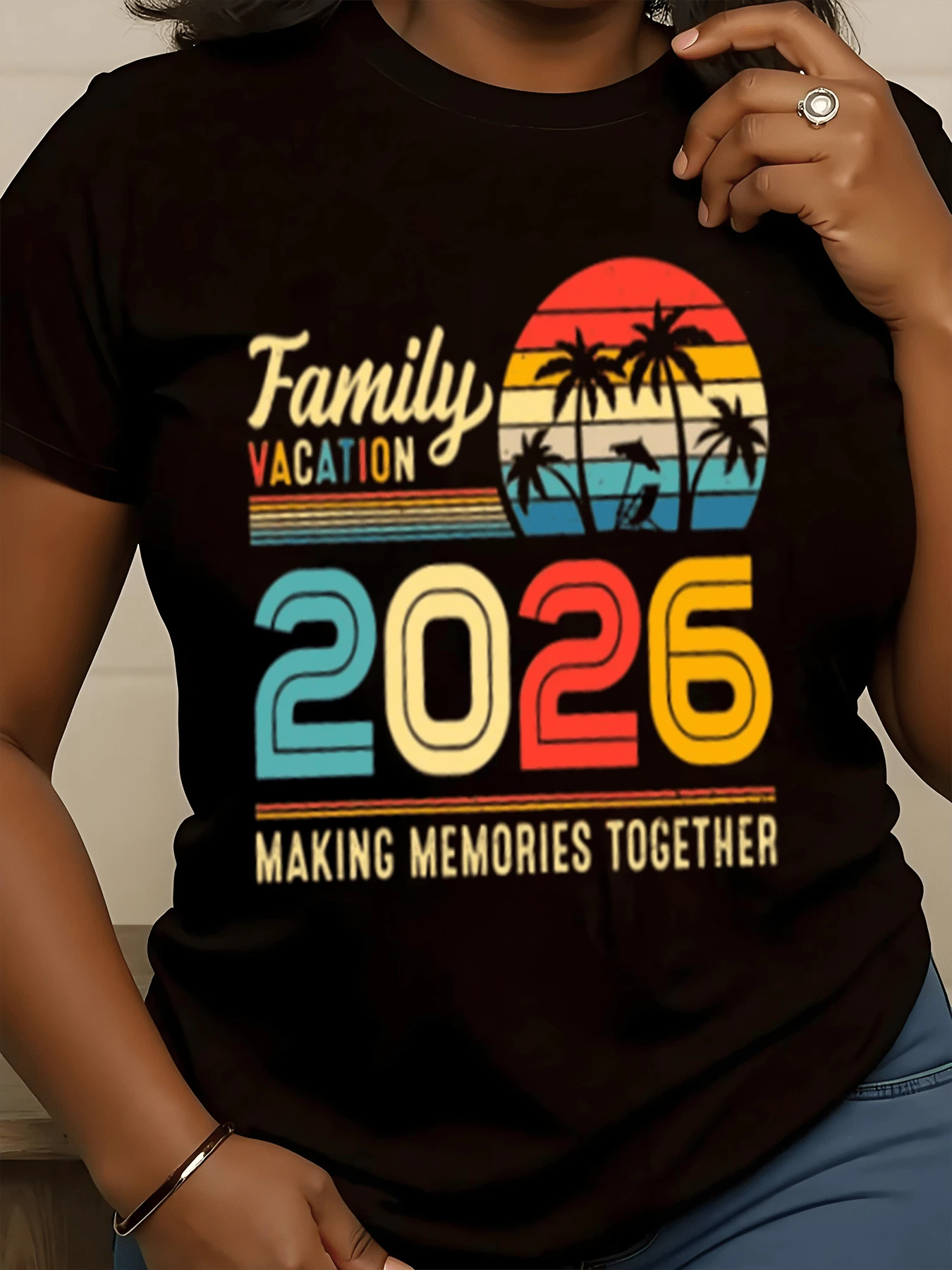 Big Size Women T Shirt Family Vacation 2026 Making Memories Together Tropical Sunset Palm Tree Print Casual Daily Wear T Shirt 220g - 黑色 - 查看 1