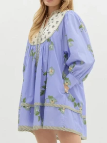 Women Boho Floral Short Dress Puff Sleeve Flowy Babydoll Dress V Neck Smocked Shirt Dresses Bohemian Mini Sundress - Blue - View 2