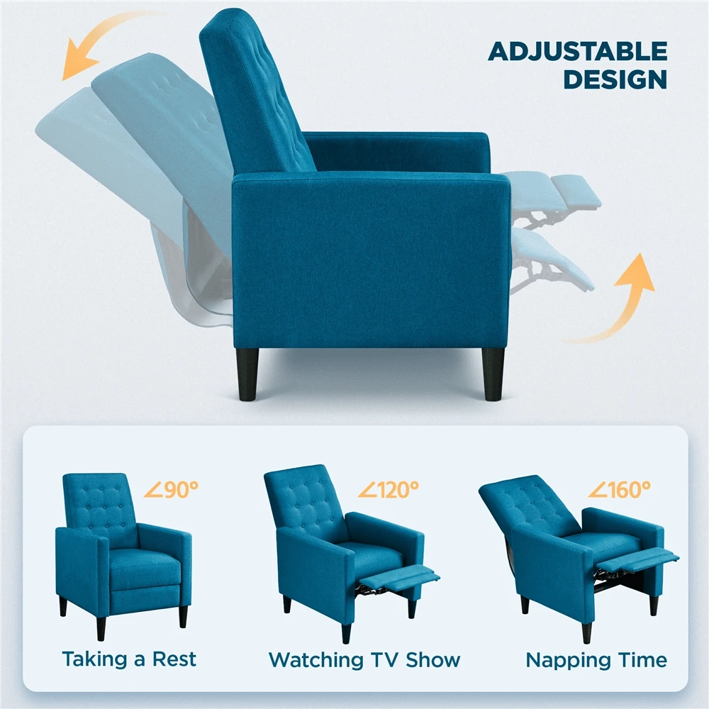 Butterslay 1pc Modern Reclining Armchair Adjustable Back And Footrest Recliner Upholstered Sofa With Adjustable Back And Footrest For Living Room Bedroom & Dining - 藍色 - 查看 1