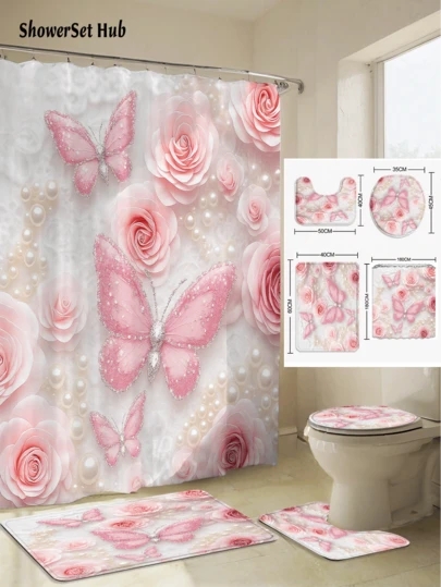 1/3/4件套粉色蝴蝶玫瑰珍珠浴帘浴室套装，华丽花卉图案，防水耐磨配件，带12个挂钩 - 包括马桶盖、浴垫和地毯 - 塑料面料 - 可水洗，防霉 - 非常适合节日装饰、家居/卧室/住宅/西式/春季装饰。