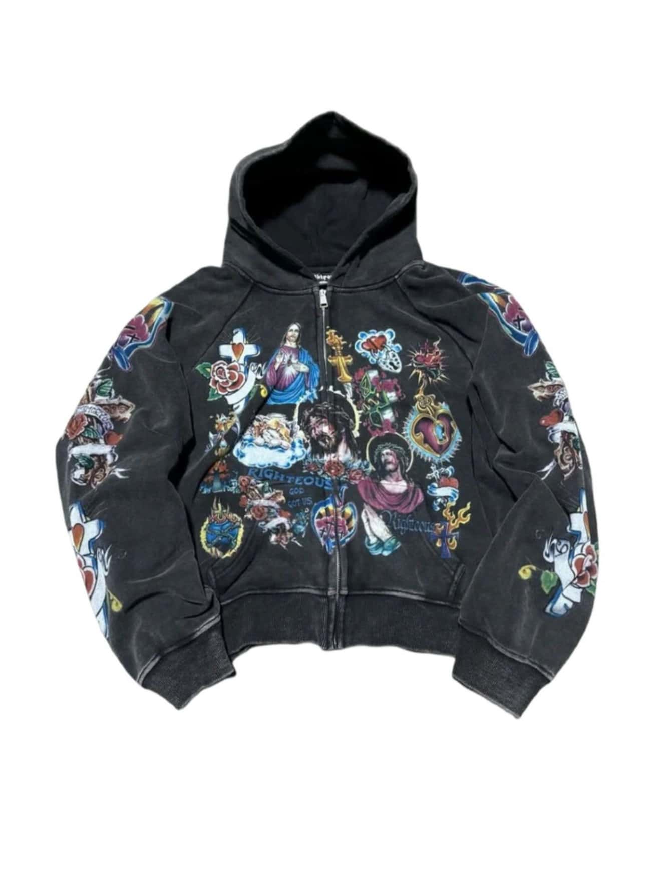 Women's Y2K Religious Tattoo Pattern Zip-Up Hoodie - Cropped Street Style Pullover Sweatshirt, Artistic Print, Casual Loose Fit, Jesus Faith Jacket, Unisex - màu đen - Xem 1