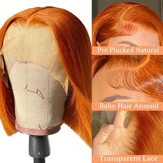 Orange Ginger 4x4 13x4 Lace Front Bob Wigs For Women Human Hair Pre Plucked 180% Density Straight Short Ginger Bob Wigs For Women Wear And Go Glueless Orange Bob Wigs With Baby Hair Colored 350# Christmas Gifts Stocking Stuffers For Women