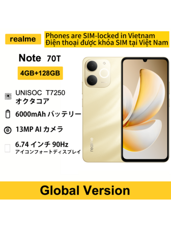 Realme Note 70T Smartphone 4GB+128GB, 6.74 Inches 90Hz Screen, 13MP Rear Camera, 7.94mm Thin Body, 6000mAh Large Battery, 8-Core Phone, Global Version, Christmas Gifts/Presents, WIthout Charger