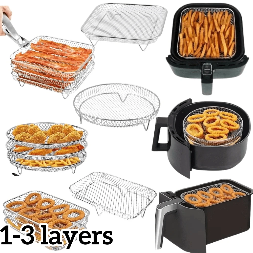 Bộ phụ kiện nồi chiên không dầu xếp chồng 1/3 - Thép không gỉ 304, phù hợp với nồi chiên không dầu 3-8 lít, bao gồm giá nướng và rổ chiên, đa chức năng, phù hợp cho chế độ ăn ít tinh bột/cắm trại/tụ họp gia đình, dụng cụ nhà bếp bền bỉ.