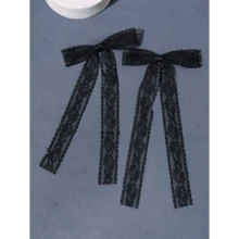 2pcs Cute Japanese-Style White Lace Bowknot Hair Clip For Women, Summer Side Clip Headwear Valentine's Day Valentines Claw Clips Hair Claws Hair Barrettes, School Stuff, Elegant, College, Winter Outfit For Women, Bows - 黑色 - 查看 4