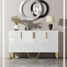 High-Gloss Lacquered Sideboard, 4 Doors, Metal Handles And Legs, White Geometric Pattern, 140 Cm (L) X 40 Cm (W) X 80 Cm (H) - White - View 2