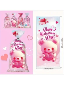 50个情人节红色爱心嘴唇透明糖果袋，配粉色丝带系带，耐用塑料糖果包装，平顶带金属丝封口，适合婚礼和派对礼物 - 彩色 - 查看 3