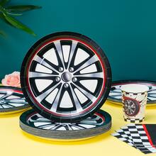 1 Set Of 25 Disposable Racing Car Wheel Themed Plates, Napkins And Cups, Suitable For Birthday, Wedding, Party, Family Picnic
