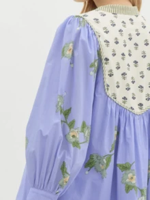 Women Boho Floral Short Dress Puff Sleeve Flowy Babydoll Dress V Neck Smocked Shirt Dresses Bohemian Mini Sundress - Blue - View 6