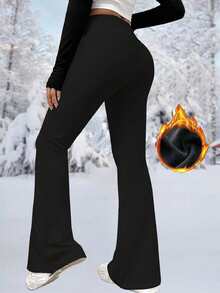 娇小女款加厚保暖休闲喇叭裤，日常简约休闲保暖加厚长裤，柔软舒适瑜伽裤，女装，女裤 - 黑色 - 查看 6