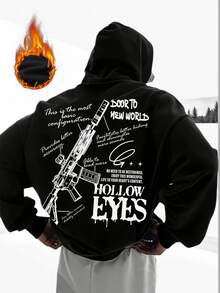 K-GLORY 男士武器及标语印花袋鼠口袋连帽衫，街头风，秋冬款 - 黑色 - 查看 2