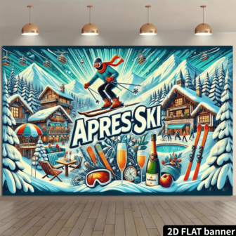 1 Pancarta de fiesta de esquí de invierno en 2D, fondo grande de 8x6 pies con temática de après-ski, con cabina de telesilla y montañas nevadas, adecuado para familias