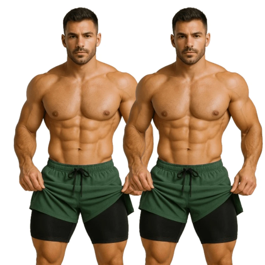 Kit Of 2 Men's 2-In-1 UV Sports Shorts, DryFit, For Gym, Training, Running, Cycling - KIT 2 Green - View 1
