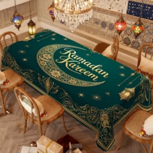 1/20pcs Ramadan Tablecloth, Green Background With Lantern, Moon And Floral Pattern, Elegant And Luxurious Ramadan Blessing Print, Suitable For Home, Kitchen, Dining Room, Party, Holiday And Gift, Durable And Easy Care, Indoor And Outdoor Use, Ideal Home Decor, Arabic Style Festival Decoration