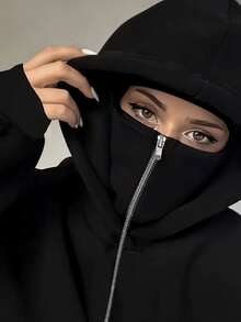 Men's Balaclava Hoodie Half Zipper Jacket Double Hooded Sweatshirt Wind Resistant Athletic Coat,  - Warm, Windproof Winter Jacket - Vintage Full-Zip Design - Perfect Gift For Friends, Couples, And Family This Fall & Winter! - màu đen - Xem 7