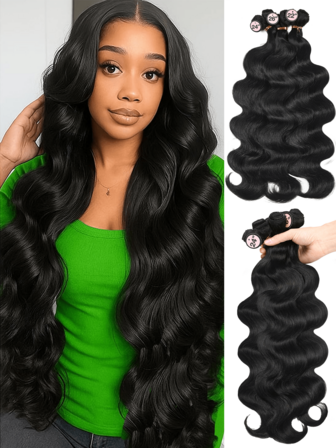 黑色波浪卷发束接发，长款浅色Yaki直发，合成发片，适合女性日常派对佩戴