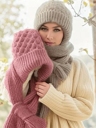 1pc Polyester Solid Textured Cable Knit Beanie Hat With Neck Warmer & Ear Muffs, All-In-One Winter Warm Hat, Best Gift For Mom