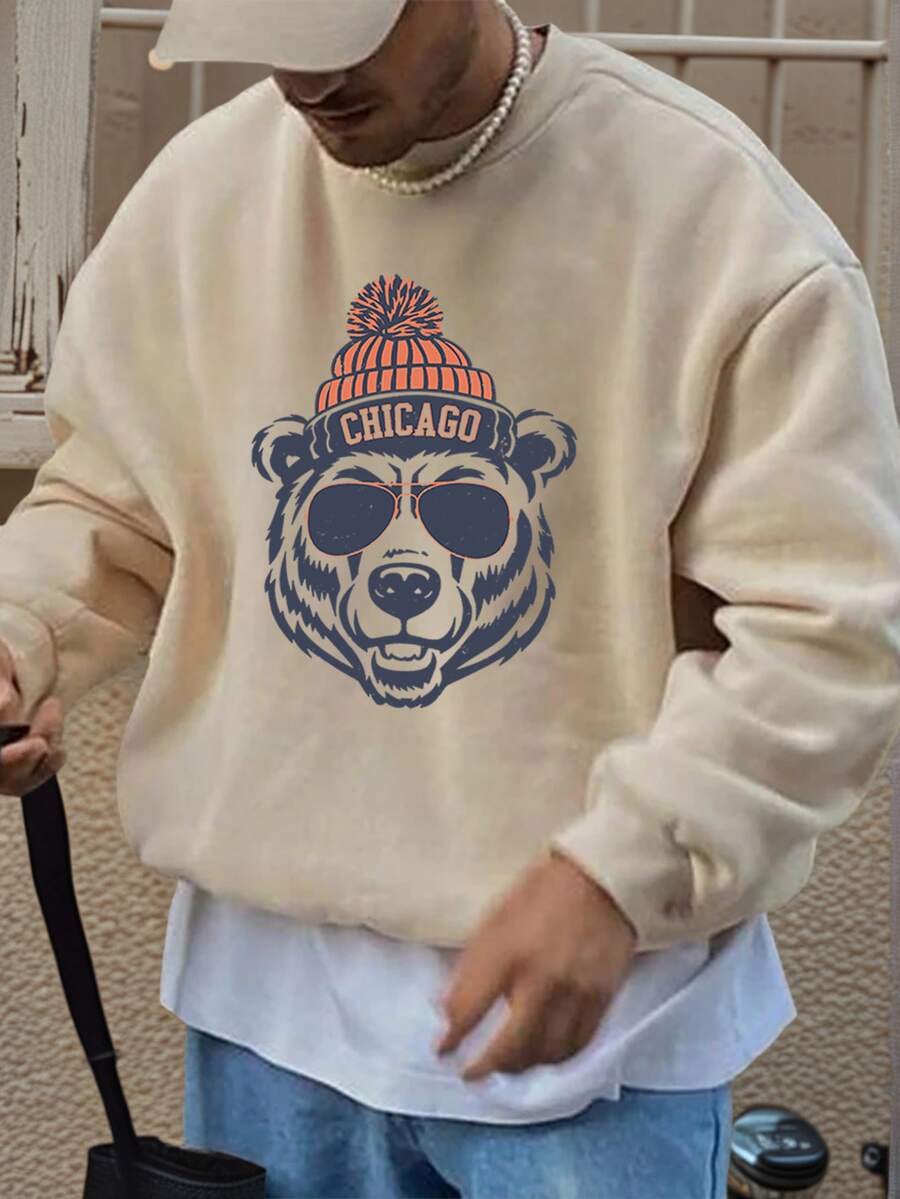 男士休闲宽松圆领卫衣，饰有熊头图案印花，芝加哥风格设计，长袖上衣 - 杏色 - 查看 1