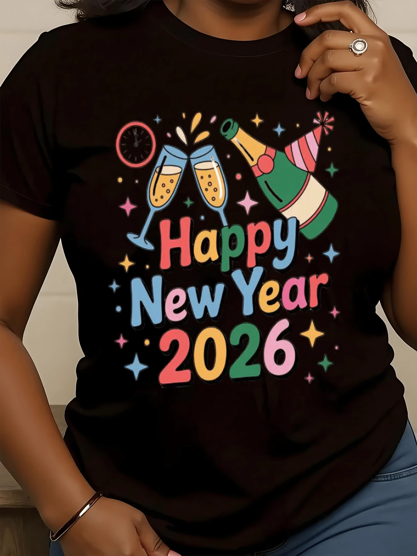 Big Size Women T Shirt Happy New Year 2026 Champagne Toast Party Celebration Graphic Print Casual Daily Wear T Shirt 220g - màu đen - Xem 1