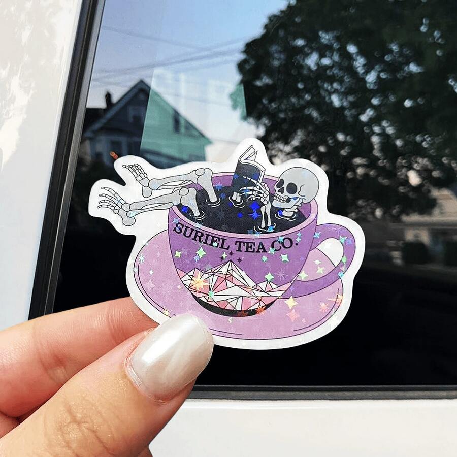 Suriel Tea Co. Skull Tea Cup Illustration Sticker - Waterproof Vinyl Sticker For Water Bottles, Laptops, Cars, Windows - Matte Durable Self-Adhesive, Multi-Purpose Design - Multicolor - View 1