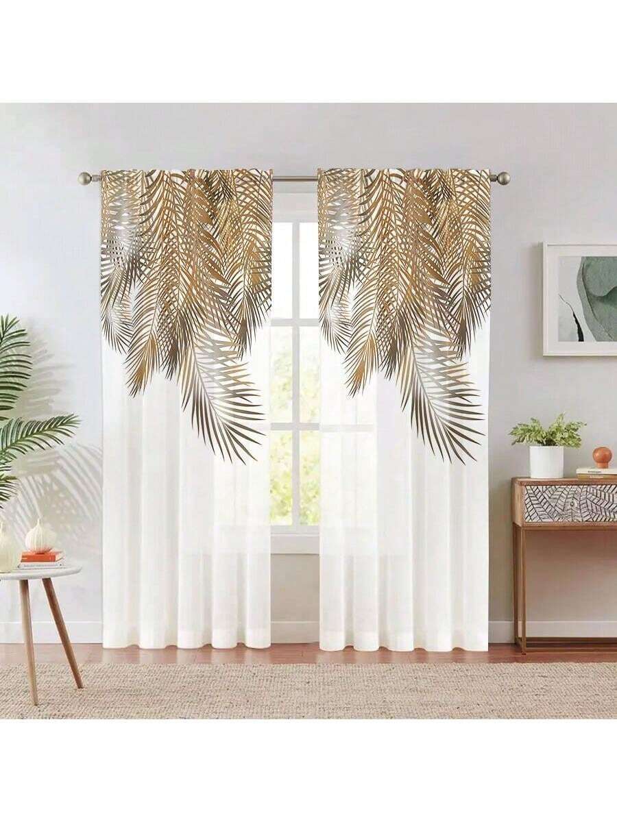 2pcs Yellow Feather Pattern Curtain, Rod Pocket Window Treatment For Bedroom Office Kitchen Living Room Study Home Decor - Multicolor - View 1