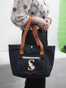 New Black Hooded Fashionable Shoulder Bag With English Letter & Floral Print, Versatile For School, Campus, Library, Commute, Shopping, Travel, Large Capacity Casual Tote Bag