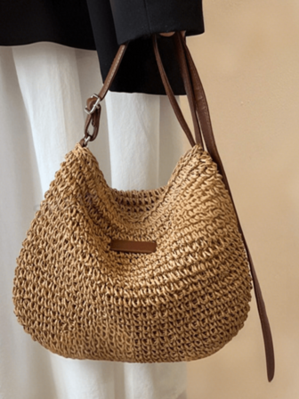 Women's Summer Straw Storage Bag - Adjustable Shoulder Strap Lightweight Woven