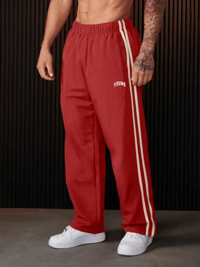 1pc Men's Casual Pants With Parallel Bar Pattern, Taslon Fabric, Fashionable Sporty Graphic Print, Suitable For Beach, Daily Commute, Workout, Outdoor, Loose Straight Leg, Spring, Summer, Autumn, Winter, Street Style, Gift For Boyfriend/Husband, Fall