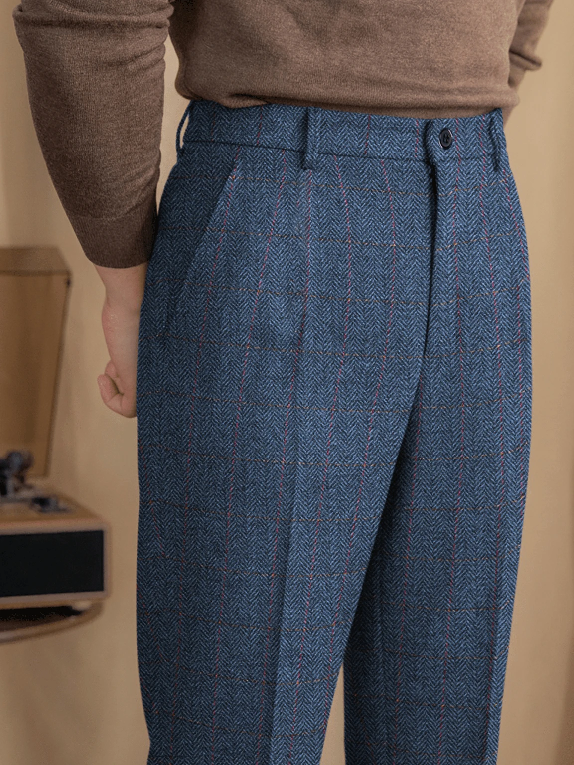 Mens Slim Fit Herringbone Tweed Wool Plaid Trousers Retro Dress Business Suit Pants - Blue - View 1