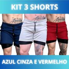 Set Of 3 Men's 2-In-1 DryFit Shorts For Running, Gym, Training, And Running With Cell Phone Pocket - KIT 3 Blue Gray Red - View 1