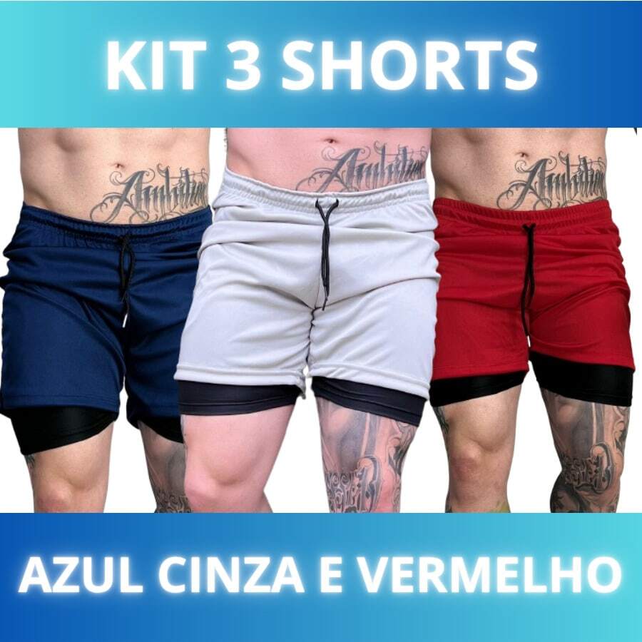 Set Of 3 Men's 2-In-1 DryFit Shorts For Running, Gym, Training, And Running With Cell Phone Pocket - KIT 3 Blue Gray Red - View 1