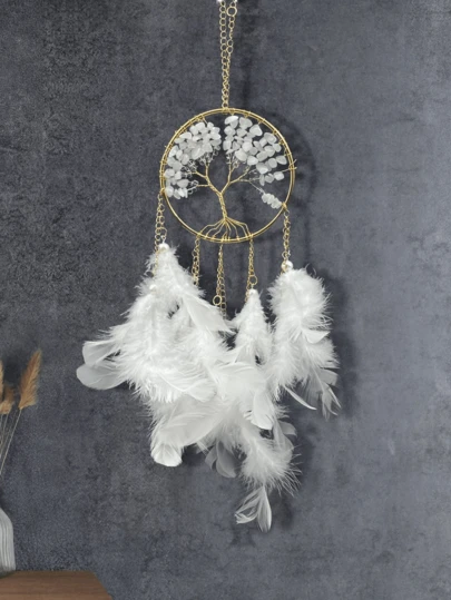 1 pieza Atrapasueños de piedra de cristal con árbol de la vida hecho a mano, decoración de pared de lujo para habitación de hotel, atrapasueños decorativo de moda para el hogar, para el hogar, la boda, la decoración de la habitación (las plumas son artificiales)