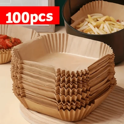 100 Pieces Non-Stick Air Fryer Liners - Premium Single Layer With Grooved Edge Design For  Cooking, Easy Cleaning, And Healthy Eating - Suitable For Baking/Grilling And Microwave, Multi-Functional Kitchen Accessories, Ideal For Home Or Commercial UseFood-Grade Material, Essential For Professional Chefs, Durable Design, Indispensable
