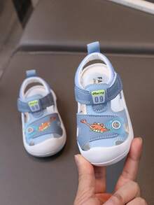 1 Pair PU Toddler Girls Dinosaur Pattern Hook And Loop Design Closed-Toe Sandals, Baby Shoes - Blue - View 2